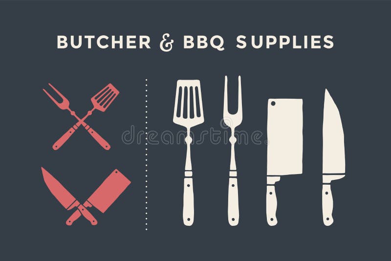 Meat cutting knives and forks set. Butcher and BBQ supplies. Poster meat knife, cleaver, chef and grill fork. Set of butcher meat knives for butcher shop and design butcher themes. Vector Illustration. Meat cutting knives and forks set. Butcher and BBQ supplies. Poster meat knife, cleaver, chef and grill fork. Set of butcher meat knives for butcher shop and design butcher themes. Vector Illustration