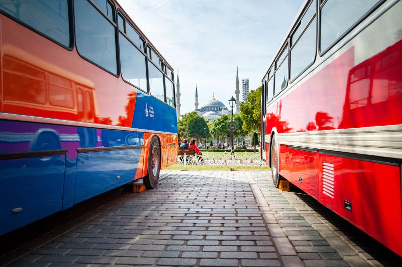 Perspective of buses on the background of the Blue Mosques in Istanbul. Landmarks of Turkey. Turkey. Istanbul. September 25, 2021. Perspective of buses on the background of the Blue Mosques in Istanbul. Landmarks of Turkey. Turkey. Istanbul. September 25, 2021