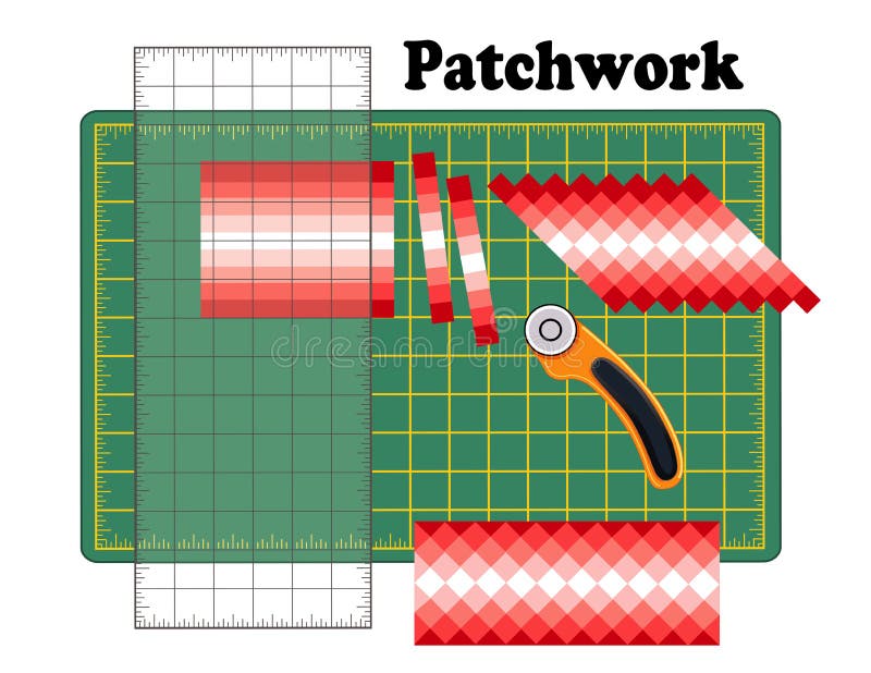 How to create patchwork: sew narrow bands of fabric together lengthwise, cut into strips, reorganize strips into patterns and designs with quilters ruler, rotary blade cutter on cutting mat, for arts, crafts, sewing, quilting, applique, diy projects. How to create patchwork: sew narrow bands of fabric together lengthwise, cut into strips, reorganize strips into patterns and designs with quilters ruler, rotary blade cutter on cutting mat, for arts, crafts, sewing, quilting, applique, diy projects.