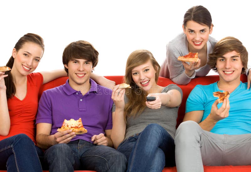 Friends sitting together on couch and holding remote control. Friends sitting together on couch and holding remote control