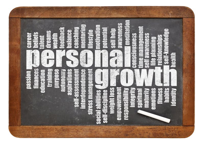 Personal growth word cloud on a slate blackboard isolated on white. Personal growth word cloud on a slate blackboard isolated on white