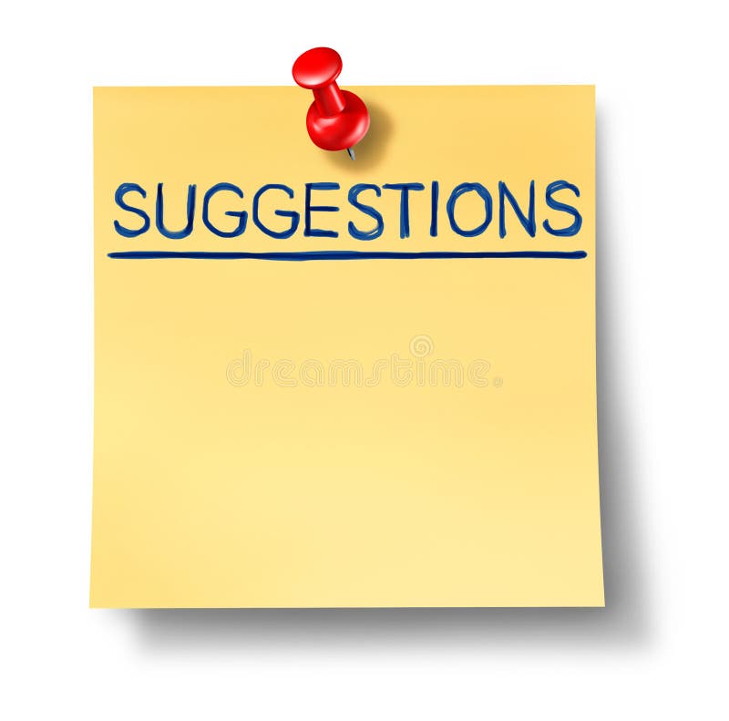 Suggestions list representing goals written on yellow office note with a red thumb tack. Suggestions list representing goals written on yellow office note with a red thumb tack.