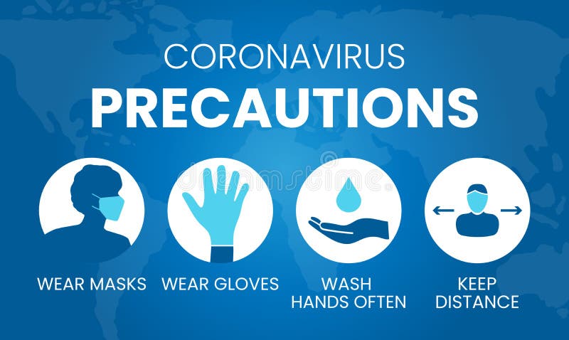 Coronavirus Precautions Vector Illustration with Wear Masks, Gloves, Wash Hands, Keep Distance Icons Vector Background. Coronavirus Precautions Vector Illustration with Wear Masks, Gloves, Wash Hands, Keep Distance Icons Vector Background