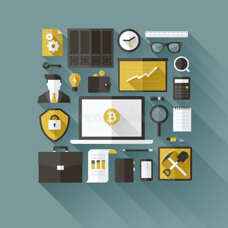 Προϊόντα πρώτης ανάγκης Bitcoin. Επίπεδα διανυσματικά στοιχεία σχεδίου ελεύθερη απεικόνιση δικαιώματος Προϊόντα πρώτης ανάγκης Bitcoin. Επίπεδα διανυσματικά στοιχεία σχεδίου ελεύθερη απεικόνιση δικαιώματος