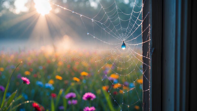 Πρωινή αναδίπλωση στο Spiderweb στο πεδίο του ζωντανού λουλουδιού απεικόνιση αποθεμάτων