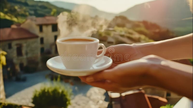 Πρωινός καφές στο μπαλκόνι κοιτάζοντας την αρχαία πόλη. ελεύθερη απεικόνιση δικαιώματος