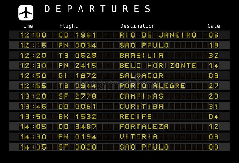 Departure board - destination airports. Vector illustration - the letters and numbers for easy editing your own messages are embedded outside the viewing area. Brazil destinations: Rio de Janeiro, Sao Paulo, Brasilia, Salvador, Porto Alegre and other cities. Departure board - destination airports. Vector illustration - the letters and numbers for easy editing your own messages are embedded outside the viewing area. Brazil destinations: Rio de Janeiro, Sao Paulo, Brasilia, Salvador, Porto Alegre and other cities.