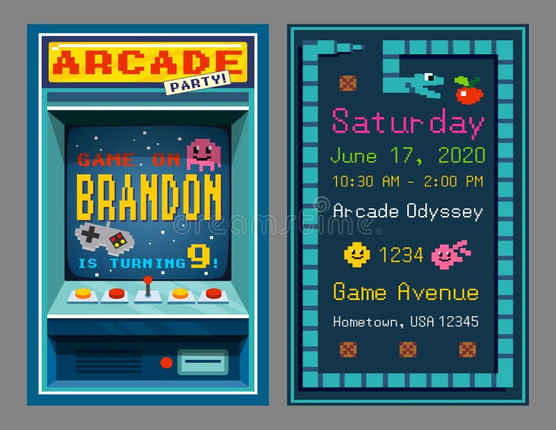 Birthday party invitation in retro style pixel art vector illustration. Slot machine time and place of celebration event flat style. Arcade game and fun concept. Isolated on grey. Birthday party invitation in retro style pixel art vector illustration. Slot machine time and place of celebration event flat style. Arcade game and fun concept. Isolated on grey