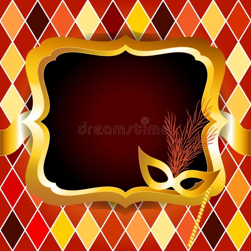 Venitan carnival party or ball with mask invitation card with gold frame or billboard over harlequin pattern, very chic and luxurious. Venitan carnival party or ball with mask invitation card with gold frame or billboard over harlequin pattern, very chic and luxurious