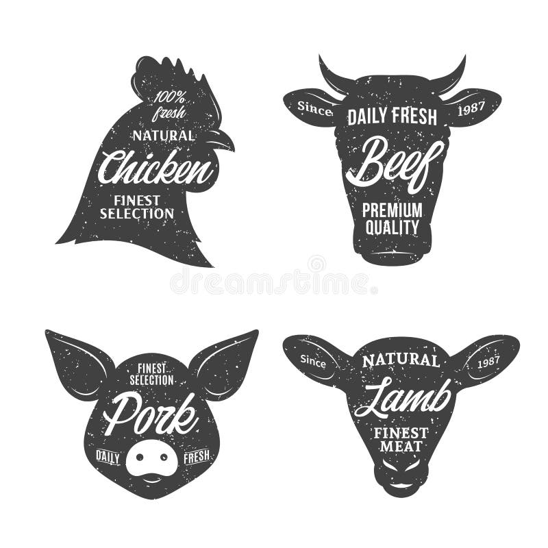 Retro styled butchery logo templates. Farm animal icons for groceries, meat stores, butcher`s shops, packaging and advertising. Retro styled butchery logo templates. Farm animal icons for groceries, meat stores, butcher`s shops, packaging and advertising.