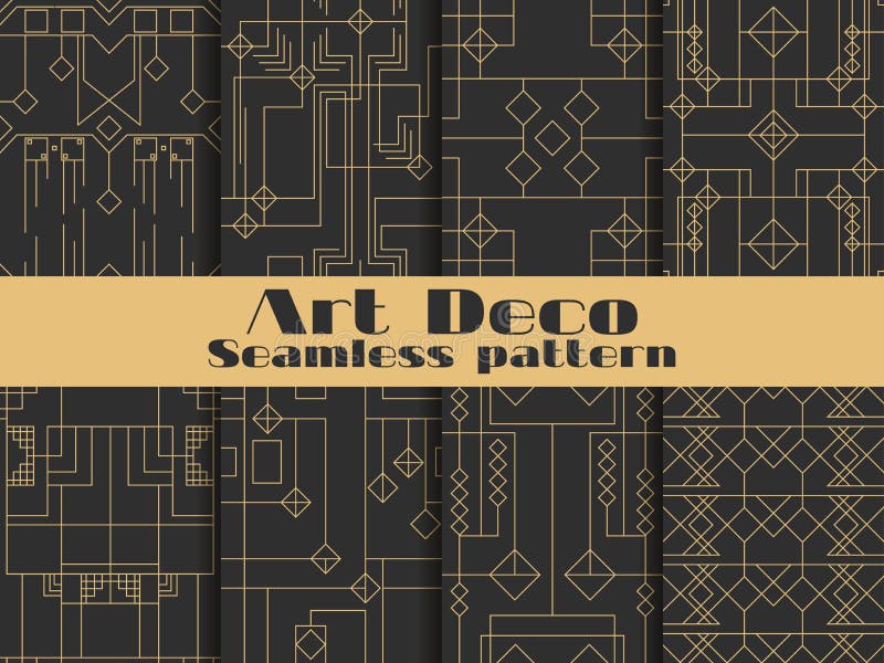 πρότυπο deco τέχνης άνευ ραφής Καθορισμένα αναδρομικά υπόβαθρα, χρυσό και μαύρο χρώμα Ύφος 1920 ` s, 1930 ` s Γραμμές και γεωμετρ απεικόνιση αποθεμάτων