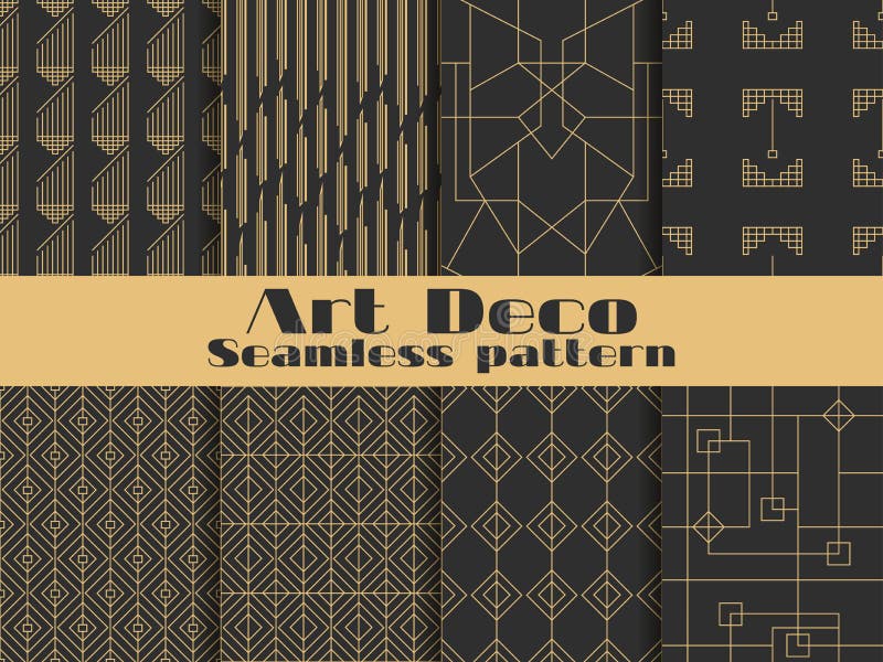 πρότυπο deco τέχνης άνευ ραφής Καθορισμένα αναδρομικά υπόβαθρα, χρυσό και μαύρο χρώμα Ύφος 1920 ` s, 1930 ` s Γραμμές και γεωμετρ ελεύθερη απεικόνιση δικαιώματος