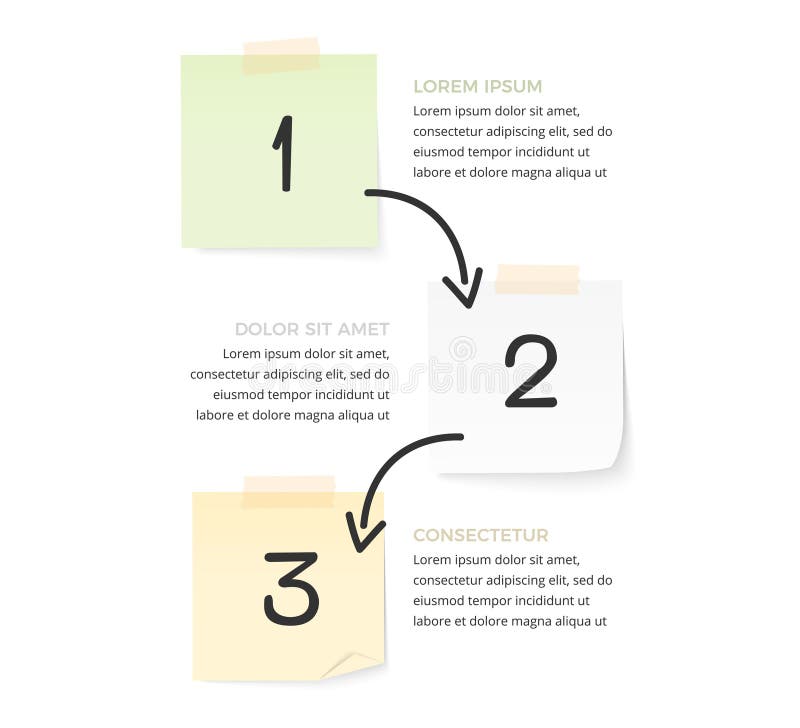 Infographic template with three steps with paper notes and hand drawn arrows, vector eps10 illustration. Infographic template with three steps with paper notes and hand drawn arrows, vector eps10 illustration