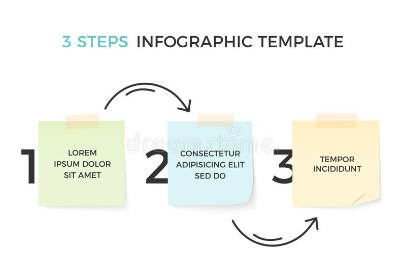 Infographic template with three steps with paper notes and hand drawn arrows, vector eps10 illustration. Infographic template with three steps with paper notes and hand drawn arrows, vector eps10 illustration