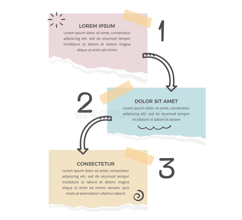 Infographic template with three options with paper notes and hand drawn arrows, vector eps10 illustration. Infographic template with three options with paper notes and hand drawn arrows, vector eps10 illustration