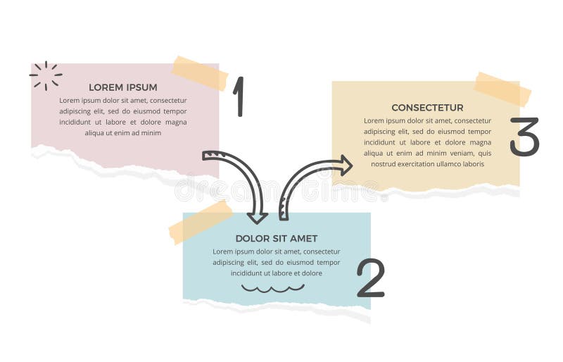 Infographic template with three options with paper notes and hand drawn arrows, vector eps10 illustration. Infographic template with three options with paper notes and hand drawn arrows, vector eps10 illustration