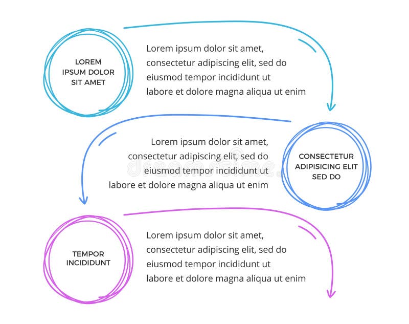 Infographic template with three elements for your text with hand drawn circles and arrows, doodle style, vector eps10 illustration. Infographic template with three elements for your text with hand drawn circles and arrows, doodle style, vector eps10 illustration