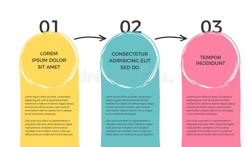 Minimal infographic template with three hand drawn circles and arrows, vector eps10 illustration. Minimal infographic template with three hand drawn circles and arrows, vector eps10 illustration