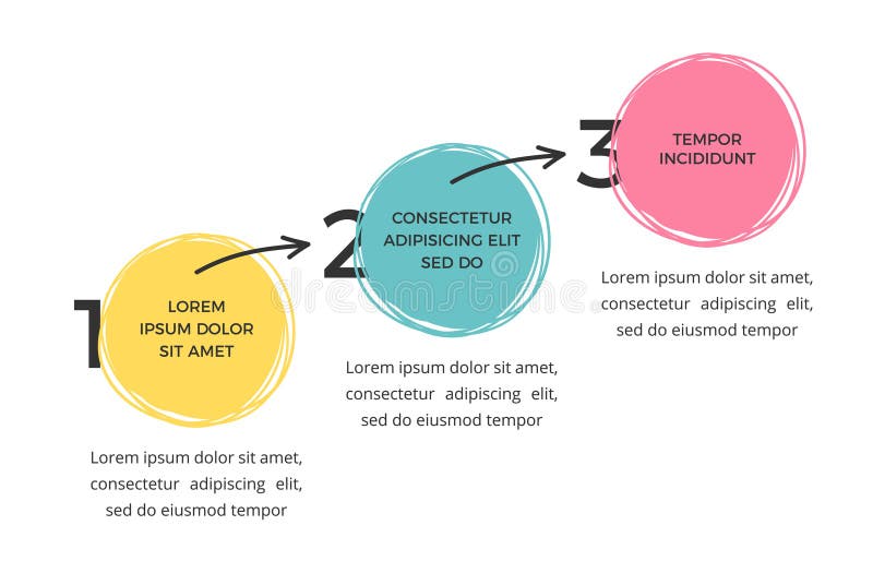 Minimal infographic template with three hand drawn circles and arrows, vector eps10 illustration. Minimal infographic template with three hand drawn circles and arrows, vector eps10 illustration