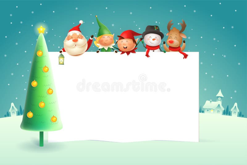 Christmas poster template with Santa Claus Elves Snowman Reindeer and Christmas tree winter landscape on background. Christmas poster template with Santa Claus Elves Snowman Reindeer and Christmas tree winter landscape on background