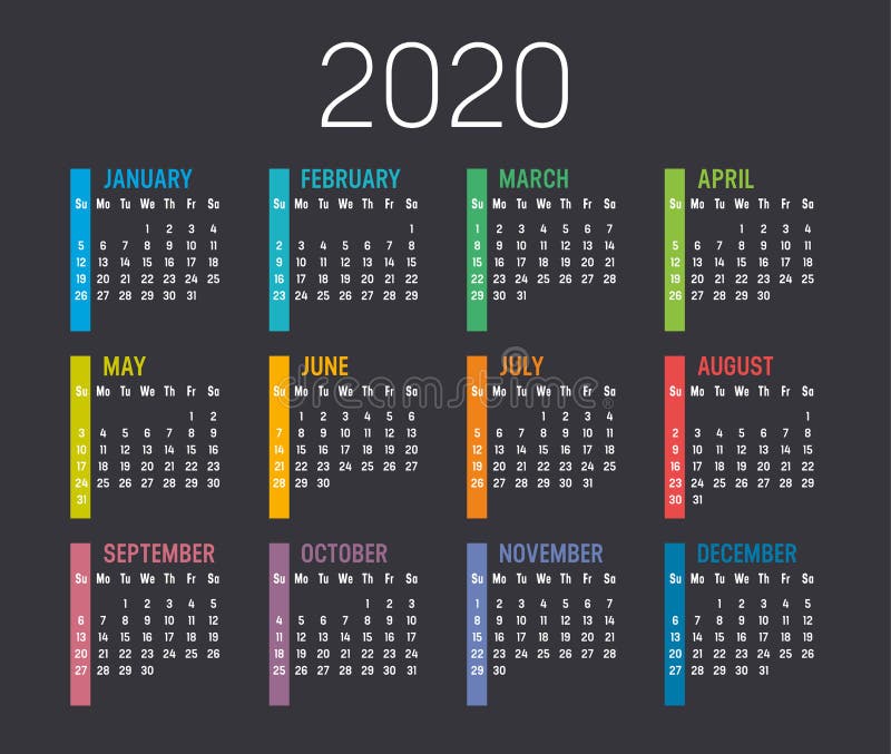 Πρότυπο διανυσματικού ημερολογίου 2020 ελεύθερη απεικόνιση δικαιώματος