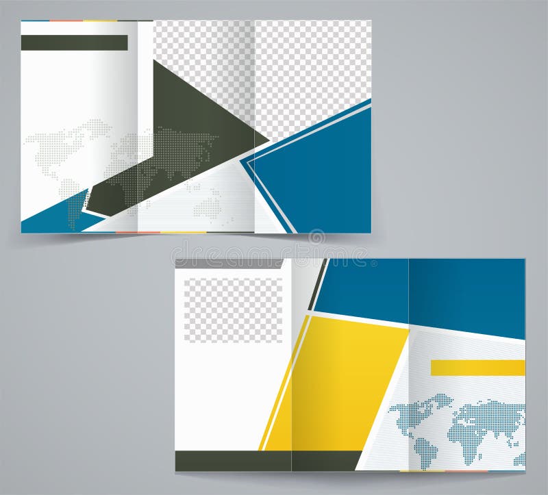 Three fold business brochure template, corporate flyer or cover design in blue and yellow colors. Illustration. Three fold business brochure template, corporate flyer or cover design in blue and yellow colors. Illustration