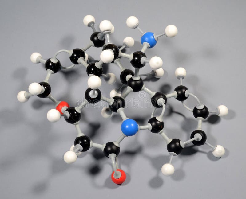 Molecule model of Strychnine. Black is Carbon, Red is Oxygen, White is Hydrogen, Blue is Nitrogen. Molecule model of Strychnine. Black is Carbon, Red is Oxygen, White is Hydrogen, Blue is Nitrogen