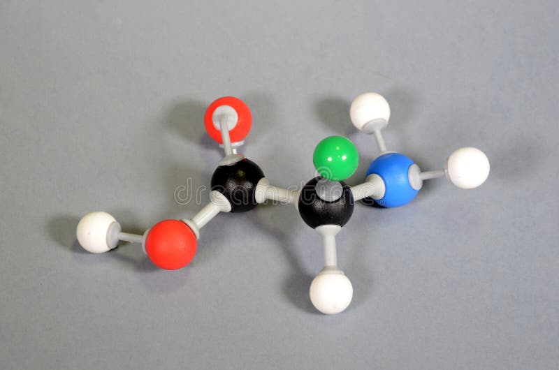 Molecule model of Amino acid. Black is carbon, red is oxygen, white is hydrogen, blue is nitrogen, and green represents a rest goup that can have numerous appearences. Molecule model of Amino acid. Black is carbon, red is oxygen, white is hydrogen, blue is nitrogen, and green represents a rest goup that can have numerous appearences