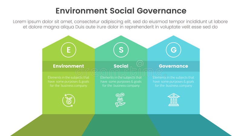 esg environmental social and governance infographic 3 point stage template with big shape arrow header top direction for slide presentation vector. esg environmental social and governance infographic 3 point stage template with big shape arrow header top direction for slide presentation vector