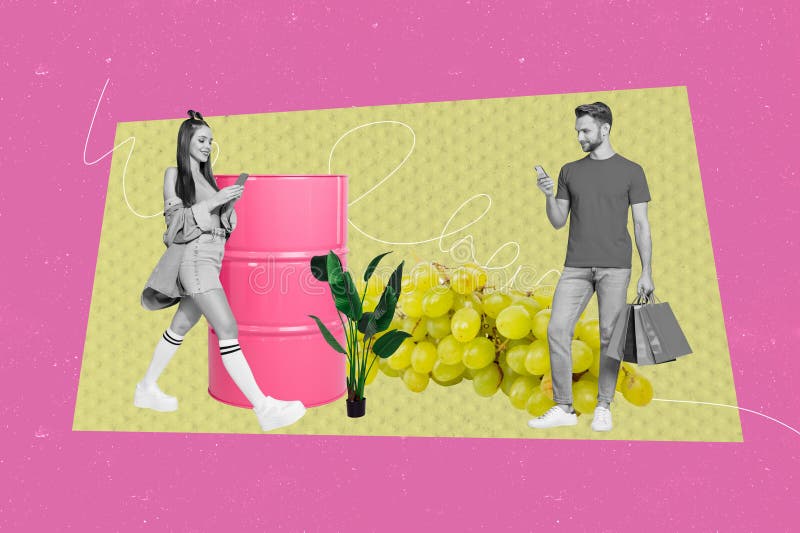 Πρότυπο σκίτσου τάσης αφίσας 3D κολάζ φωτογραφιών νεαρής γυναίκας ντύσου μόδας περπατάει άντρας στέκεται στην τσάντα τύπος smartph στοκ φωτογραφίες με δικαίωμα ελεύθερης χρήσης