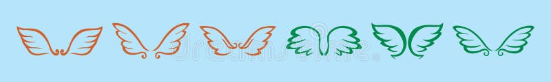 πρότυπο σχεδίασης εικονιδίου κινούμενων σχεδίων με γωνιακά φτερά με διάφορα μοντέλα. απεικόνιση διανύσματος απομονωμένη σε μπλε φό