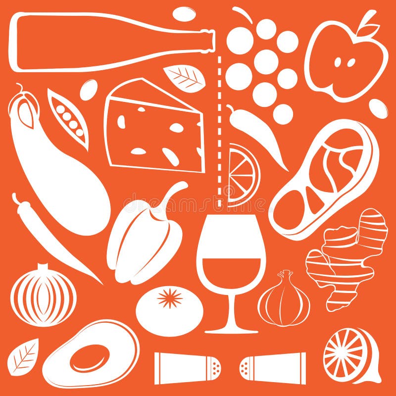 A illustration of food pattern consisting of fruit, vegetables, meat, cheese and spices. A illustration of food pattern consisting of fruit, vegetables, meat, cheese and spices