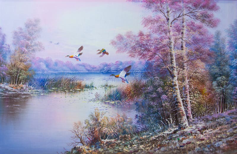 Oil painting of Falls in the winter. Picturesque scenery of winter with Goose birds flying. Oil painting of Falls in the winter. Picturesque scenery of winter with Goose birds flying