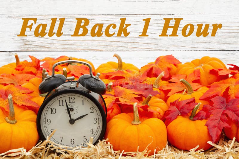 Fall Back 1 hour time change message with a retro alarm clock with orange pumpkins with fall leaves on straw hay with weathered whitewash wood. Fall Back 1 hour time change message with a retro alarm clock with orange pumpkins with fall leaves on straw hay with weathered whitewash wood