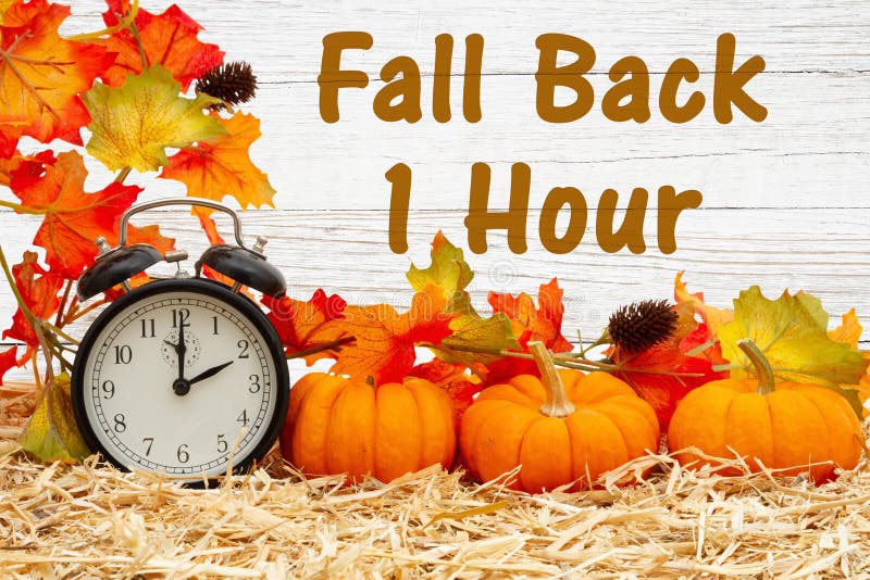 Fall Back 1 hour time change message with a retro alarm clock with orange pumpkins with fall leaves on straw hay with weathered whitewash wood. Fall Back 1 hour time change message with a retro alarm clock with orange pumpkins with fall leaves on straw hay with weathered whitewash wood