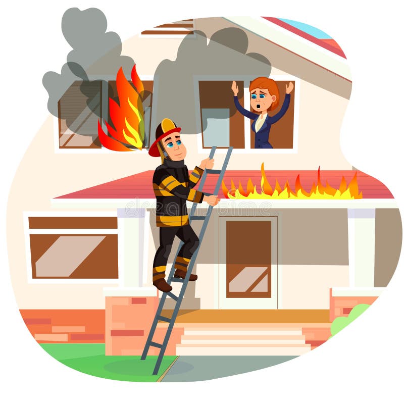 Focused Professional Firefighter in Protective Clothing, Climbing Ladder, Going to Reach Woman, Calling for Rescue from Window. Suburban House on Fire. Fearless Rescuer. Cute Cartoon Characters. Focused Professional Firefighter in Protective Clothing, Climbing Ladder, Going to Reach Woman, Calling for Rescue from Window. Suburban House on Fire. Fearless Rescuer. Cute Cartoon Characters.