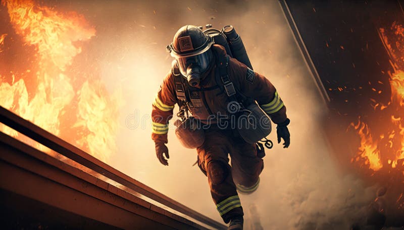 πυροσβεστικά έργα σε πυροσβεστικό σώμα ρέουν μέσα σε φλεγόμενο κτίριο τεχνητός τεχνητός τεχνίτης ελεύθερη απεικόνιση δικαιώματος