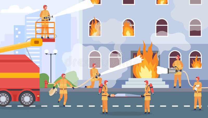 πυροσβεστική ομάδα εξολοθρεύει φλεγόμενα κτίρια και διασώστες. πυροσβέστης με σωλήνα νερού σβήνει φλόγα. επίπεδη πυρκαγιά απεικόνιση αποθεμάτων