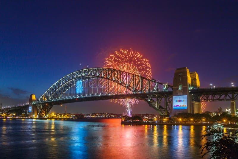 Famous New Year`s Eve fireworks at the Harbour Bridge in Sydney. Famous New Year`s Eve fireworks at the Harbour Bridge in Sydney