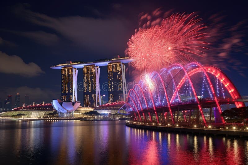 πυροτεχνήματα στο ξενοδοχείο marina bay sands στη σιγκαπούρη νυχτερινή επίδειξη πυροτεχνημάτων μεταξύ του ξενοδοχείου marina bay s διανυσματική απεικόνιση