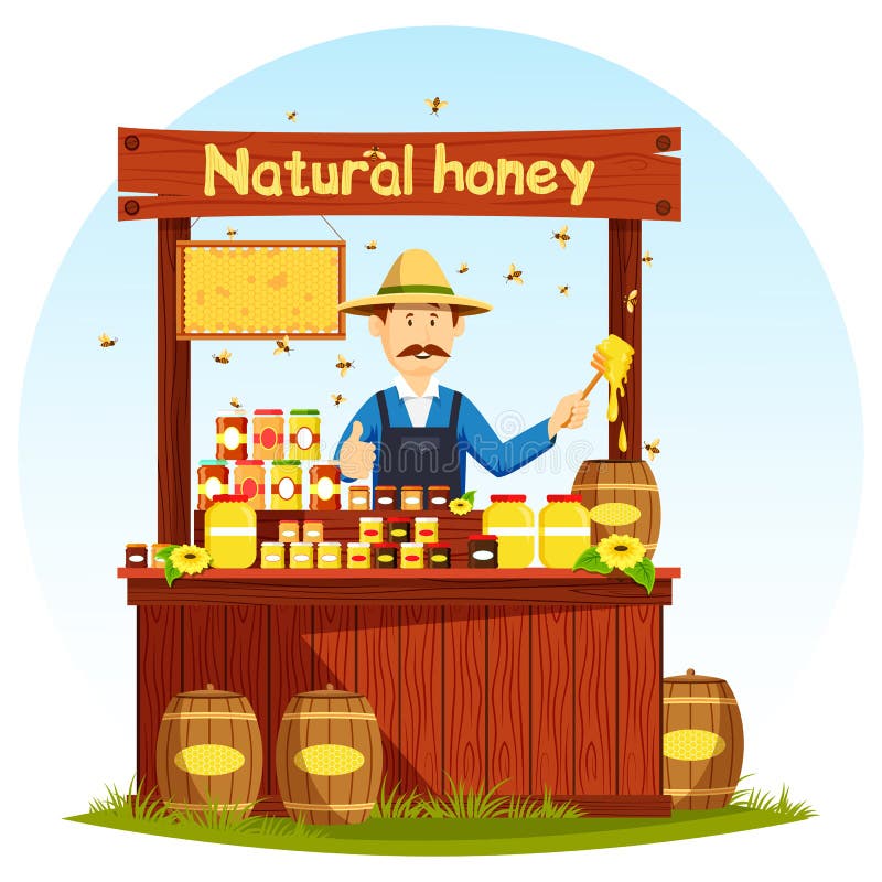 Πωλώντας μέλι Agronom στο στάβλο ή την προθήκη αγοράς απεικόνιση αποθεμάτων Πωλώντας μέλι Agronom στο στάβλο ή την προθήκη αγοράς απεικόνιση αποθεμάτων