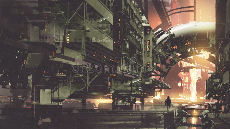 Πόλη Cyberpunk με τα φουτουριστικά κτήρια ελεύθερη απεικόνιση δικαιώματος