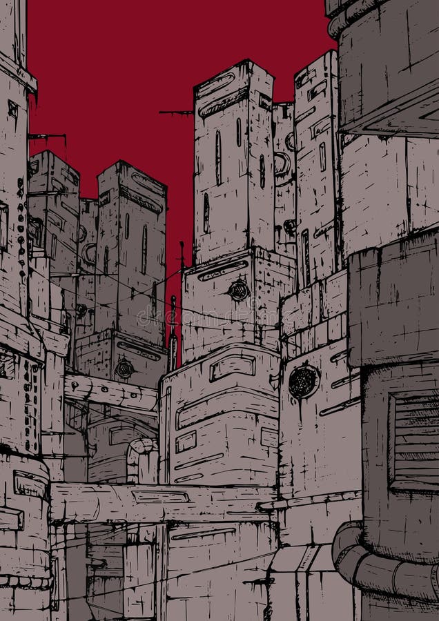 Πόλη Cyberpunk Φανταστικές κατασκευές Πολυκατοικίες σε ένα υπόβαθρο του κοκκίνου, burgundy ουρανός Χέρι που σύρεται ζωηρόχρωμο απεικόνιση αποθεμάτων