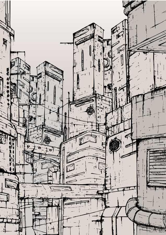 Πόλη Cyberpunk φανταστικές οικοδομήσεις κτηρίων συρμένη χέρι μονοχρωματική απεικόνιση απεικόνιση αποθεμάτων