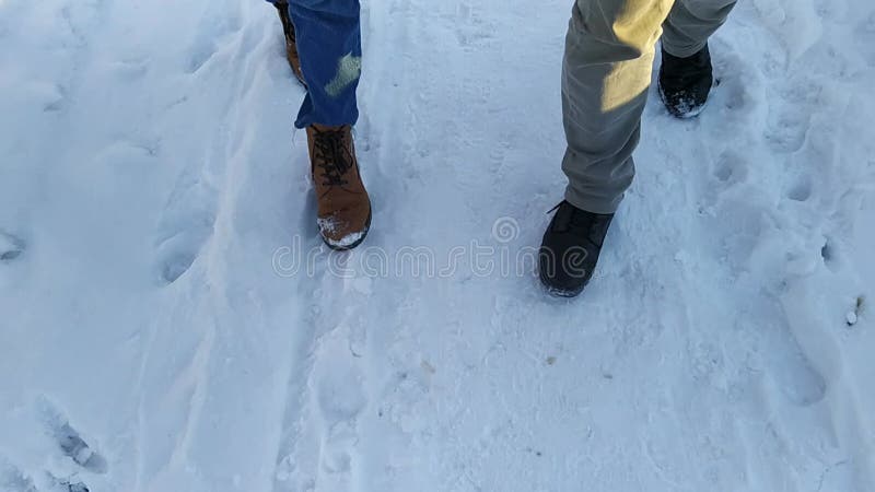 πόδια δύο νέων που περπατάνε σε ένα χιονισμένο δρόμο τη μέρα. απόθεμα βίντεο