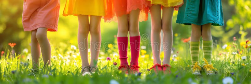 Legs of five children dressed in colorful clothes, on sunny flowering meadow on summer day. Generative AI. Legs of five children dressed in colorful clothes, on sunny flowering meadow on summer day. Generative AI