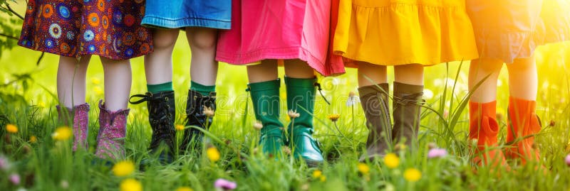 Legs of five children dressed in colorful clothes, on sunny flowering meadow on summer day. Generative AI. Legs of five children dressed in colorful clothes, on sunny flowering meadow on summer day. Generative AI