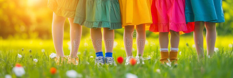 Legs of five children dressed in colorful clothes, on sunny flowering meadow on summer day. Generative AI. Legs of five children dressed in colorful clothes, on sunny flowering meadow on summer day. Generative AI