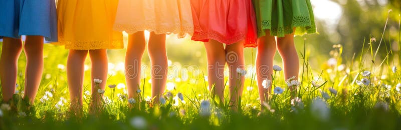 Legs of five children dressed in colorful clothes, on sunny flowering meadow on summer day. Generative AI. Legs of five children dressed in colorful clothes, on sunny flowering meadow on summer day. Generative AI