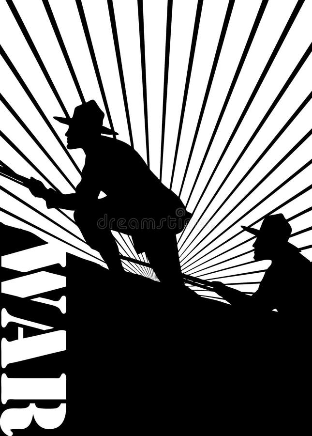 Silhouette of soldiers at war with 'war' text. Silhouette of soldiers at war with 'war' text.